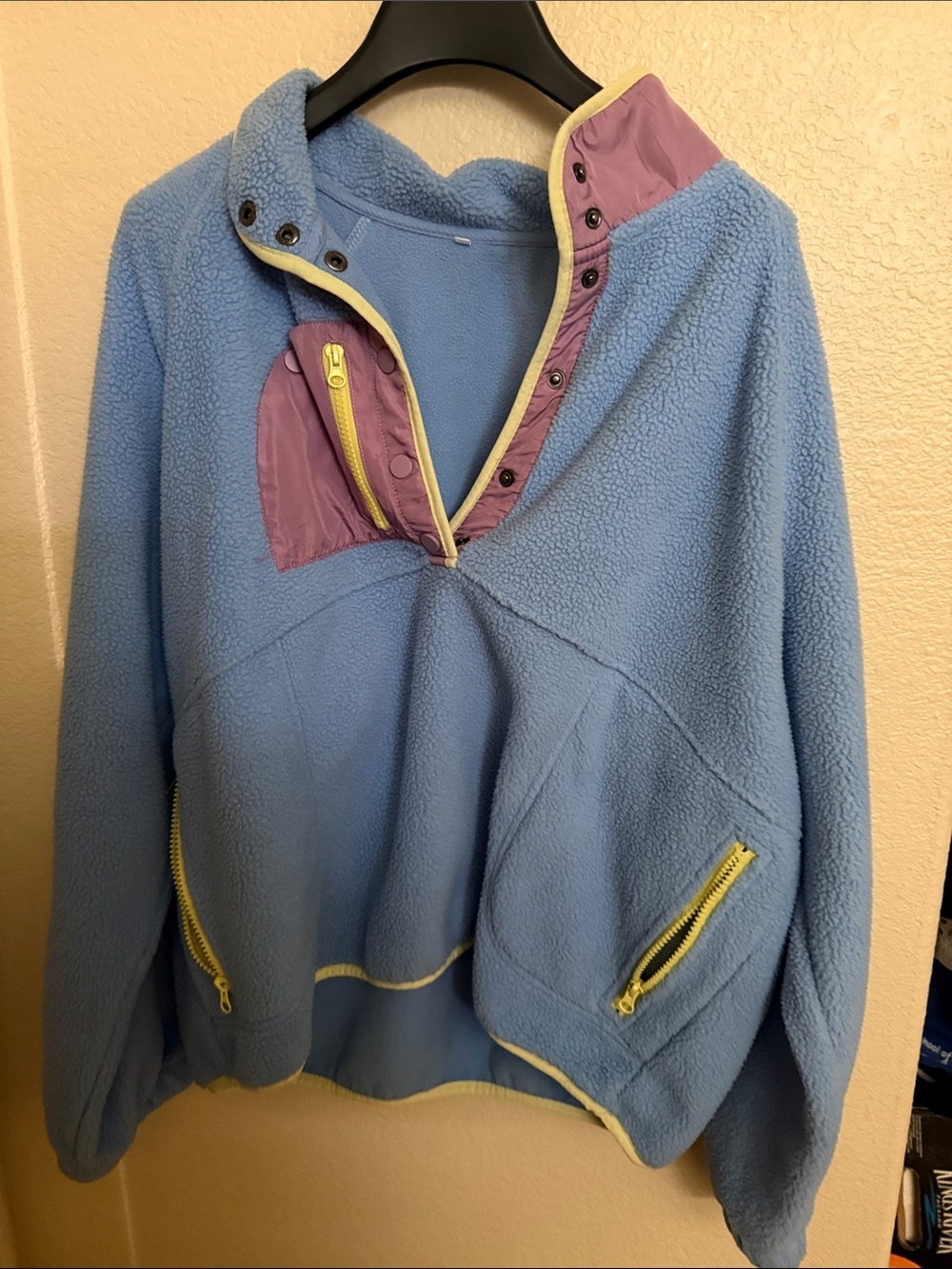 Light Blue V-Neck Fleece Pullover with Purple Trim